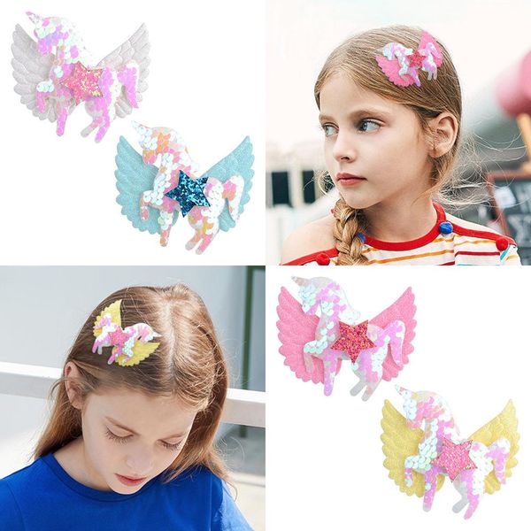 

baby girls hair pin accessories wings bow star cartoon horse hairclips sequin glitter barrette pentagram ins headress, Slivery;white