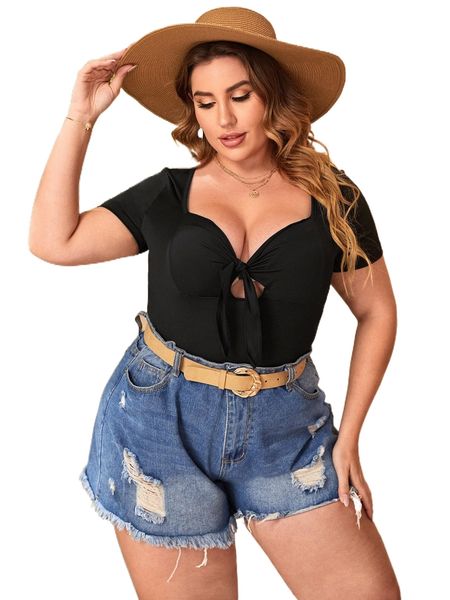 

plus sweetheart neck tie front tee l2q1#, Black