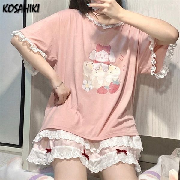 KOSAHIKI Dolce Patch di Pizzo Manica Corta Rosa T-Shirt Donna Giapponese Kawaii Moda Y2k Magliette e camicette Grafica Del Fumetto Carino Tee Camicette 220511