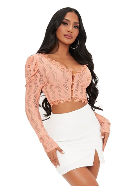

sxy lace trim button front chevron knit p1ya#, White