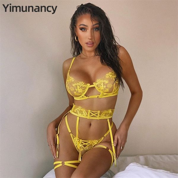 

yimunancy 3 pcs lace bra set women embrodiery lace lingerie set floral bra + panties ladies yellow underwear set 220513, Red;black
