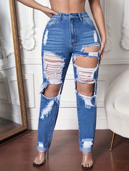 

sxy high waist ripped cut out mom fit jeans e5p5#, Blue