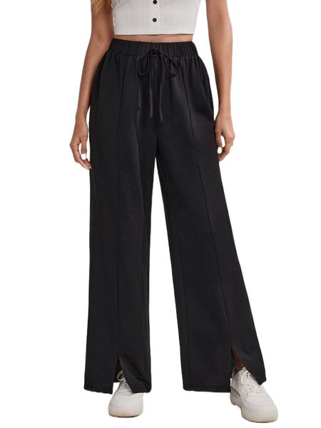 

tie front slit hem sweatpants d3nf#, Black;white