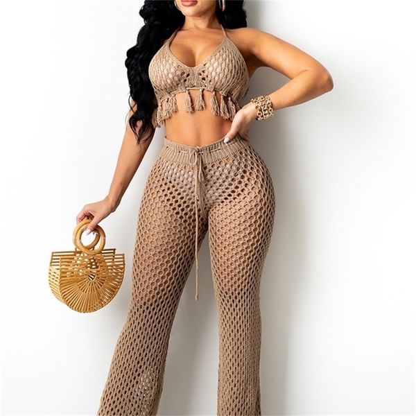 

rt women knitted set two pieces halter backless bra crop pants crocheted 2 hollow out crochet beach 220602, Gray