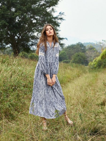 

allover print bishop sleeve dress h51f#, Black;gray
