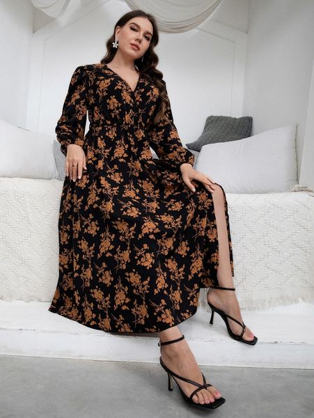 

plus floral print lantern sleeve split thigh dress y4cl#, Black