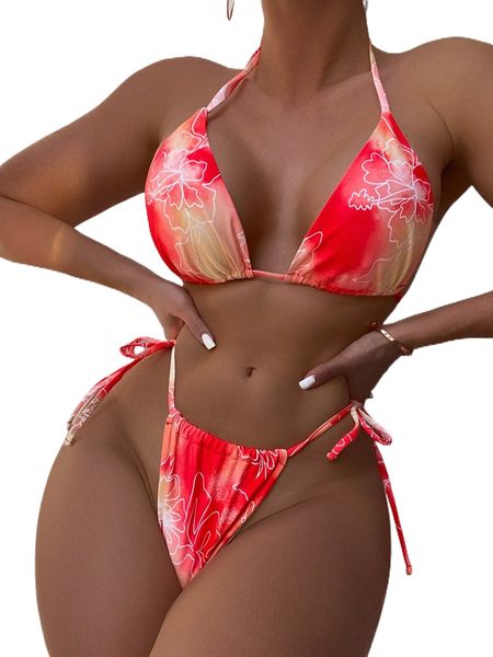 

floral halter triangle bikini swimsuit d9ad#, White;black