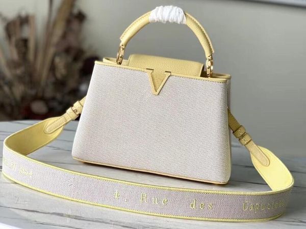 

realfine bags 5a m59873 27cm capuciness bb plume yellow leather canvas handbag shoulder purses for women with dust bag