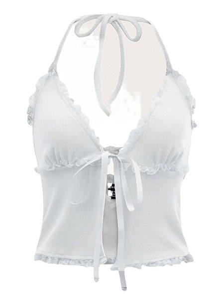 

knot shoulder lace trim tie front crop a8uu#, White