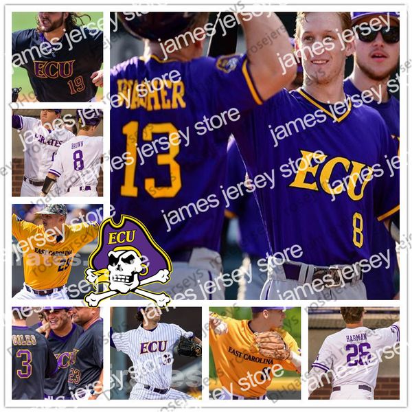 College-Baseball trägt benutzerdefiniertes East Carolina Pirates 2019 ECU-Baseball-Jersey mit beliebigem Namen, Nummer, Lila, Weiß, Schwarz, Gelb, 13 Jake Washer 8 Turner, Braun, Herren-Jugendtrikot