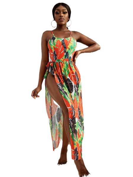 

2pack tropical print one piece swimsuit & cover up v0lc#, White;black