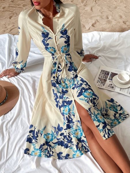 

floral print lantern sleeve belted dress v1jl#, Black;gray