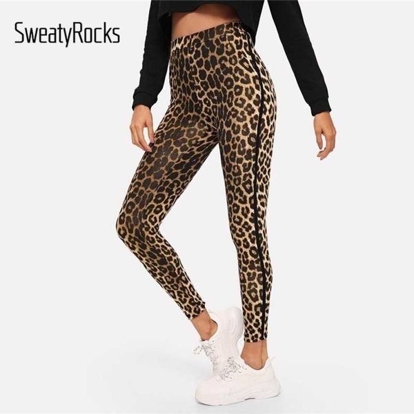 

sweatyrocks fitness high waist leopard print leggings skinny athletics leggings fashion autumn women casual workout pants y200113, Black;white