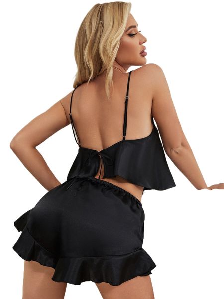 

backless ruffle hem satin pj set t4sj#, Black;red