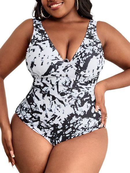 

plus allover print cut out push up one piece swimsuit j6be#, White;black