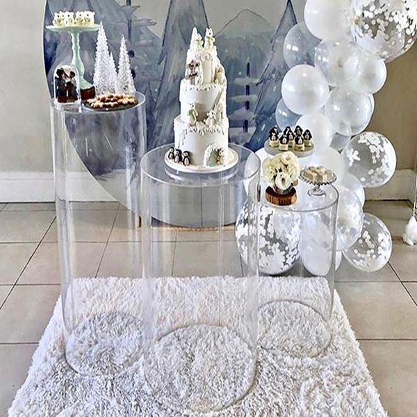 Decoração de festa 3pcs5pcsround cilindro acrílico plinto de bolo mesa de bolo de pedestal stand pilar balões rack para chá de bebê aniversário de aniversário diy weddingp