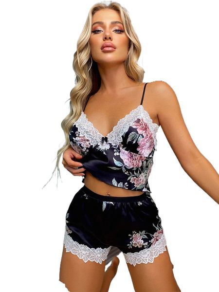 

floral print contrast lace satin lingerie set q2rf#, Black;red