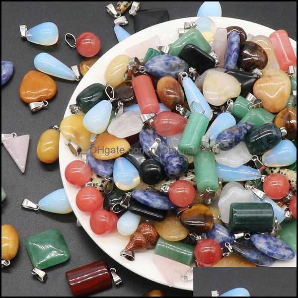 50 pc Natural Crystal Stone Charms Waterdrop Coração Cross Rose Quartz Tigres Olho Opala Pingentes Fit Chakras Colar de Jóias Gota entrega 2021