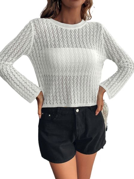 

knit mix pointelle knit sweater without tube n3jg#, White;black