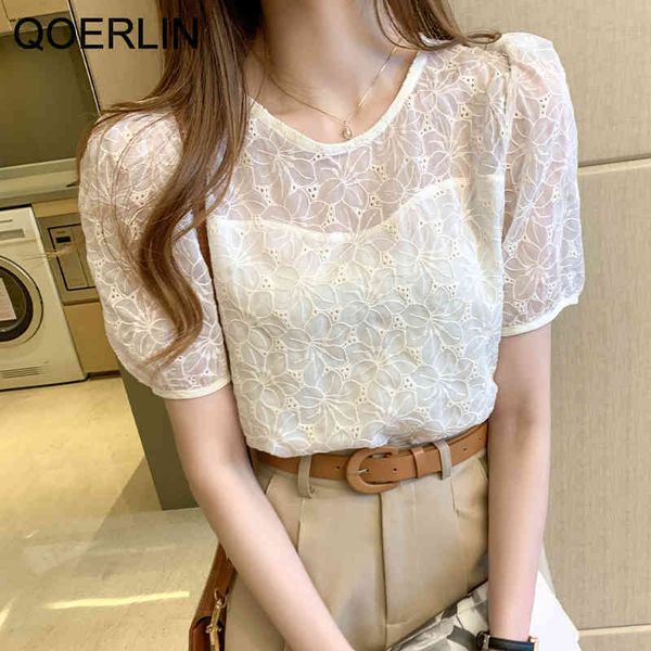 

qoerlin eyelet embroidery bishop sleeve blouse women plus size chic apricot fashion short sleeve loose casual blouses 210412, White