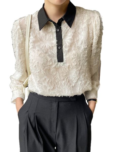 

dazy contrast collar puff sleeve fuzzy shirt g412#, White