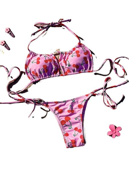 

cherry print halter bikini swimsuit f341#, White;black