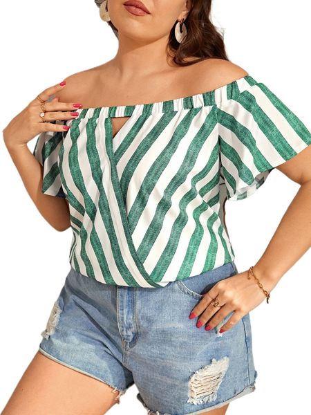 

plus striped off shoulder cut out front blouse b73l#, Black