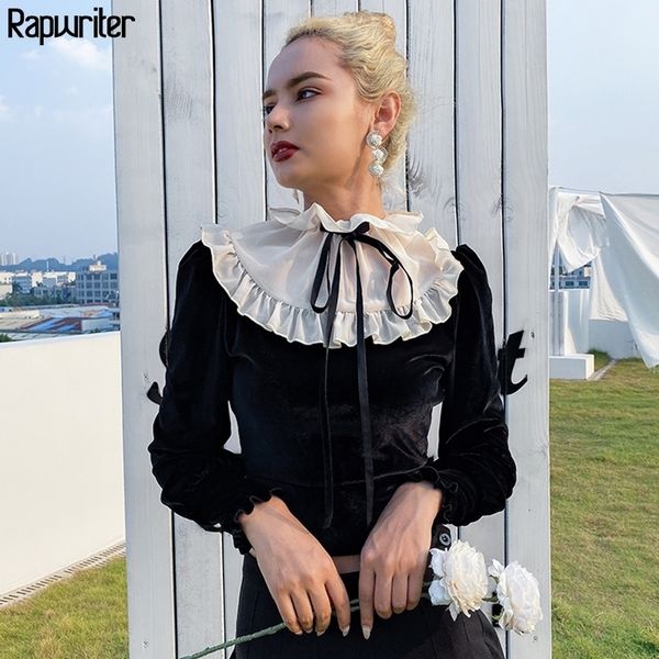

rapwriter elegant runched patchwork mesh laceup velvet tshirt autumn streetwear long sleeve fitted waist tee shirt y200412, White