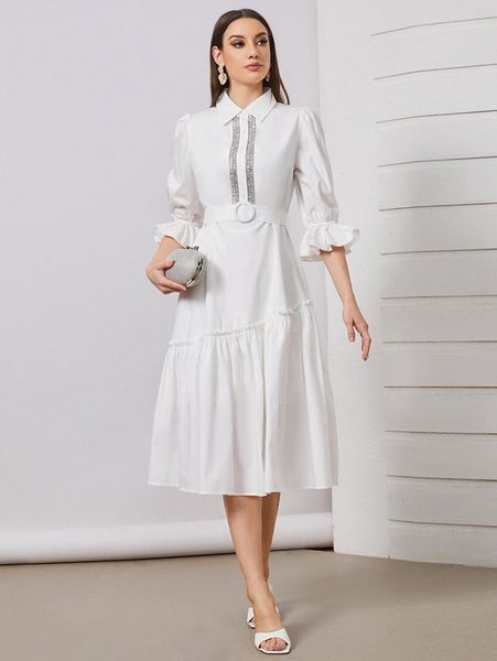 

solid rhinestone tape ruffle hem a-line dress n696#, Black;gray