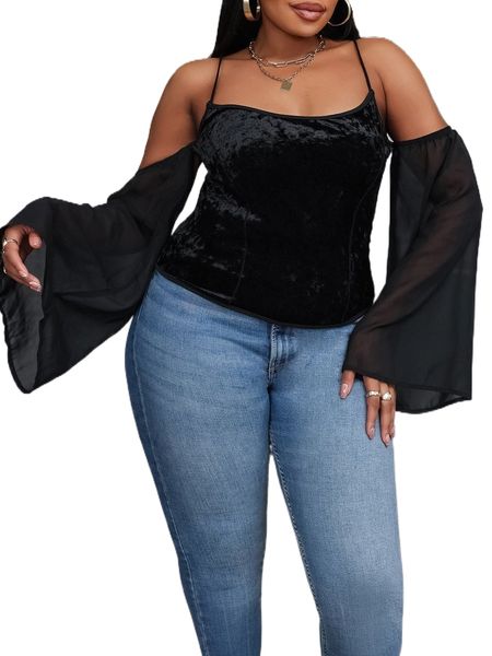 

plus cold shoulder trumpet sleeve velvet k12w#, Black