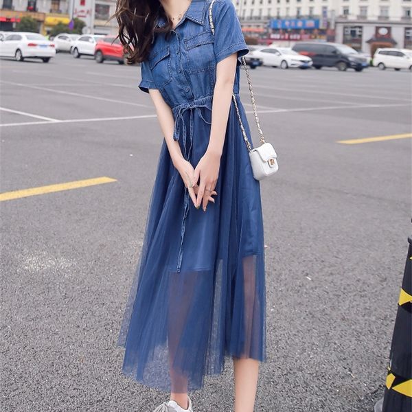 

casual dresses denim skirt dress 2022 female summer gentle wind close waist show thin french temperament mesh fairy r1xg, Black;gray