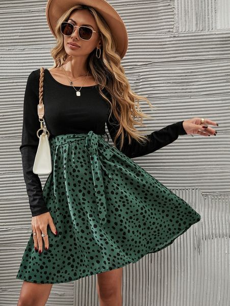 

dalmatian print belted combo dress 28se#, Black;gray