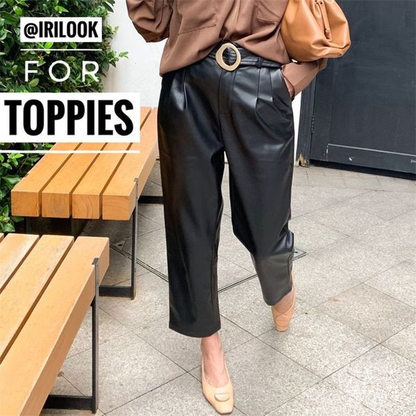 

black pu leather pants 2019 autumn winter high waist faux leather trousers ladies wide leg pants pantalon femme t200106, Black;white