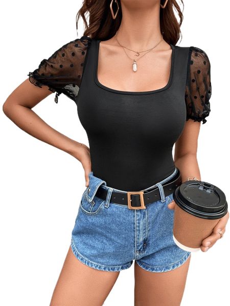 

contrast polka dot mesh puff sleeve scoop neck bodysuit 40o4#, White