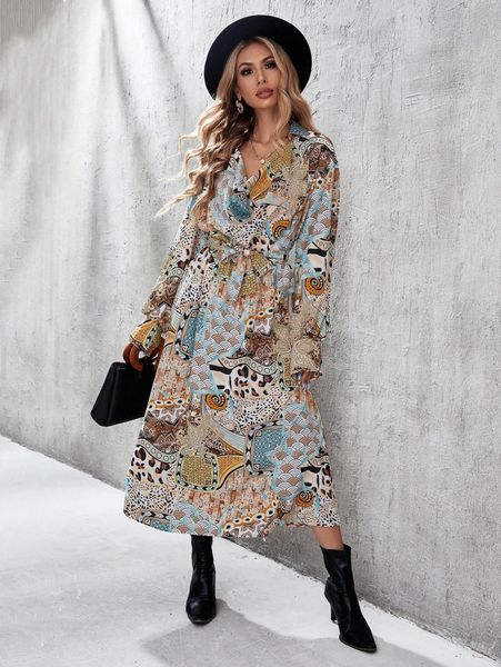 

patchwork print draped collar belted dress 31aw#, Black;gray