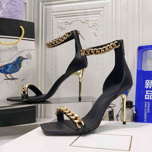 

sandals summer electroplated thin high heels sandals with a straight line chain simple leather fashion square head women's shoes azpw, Black