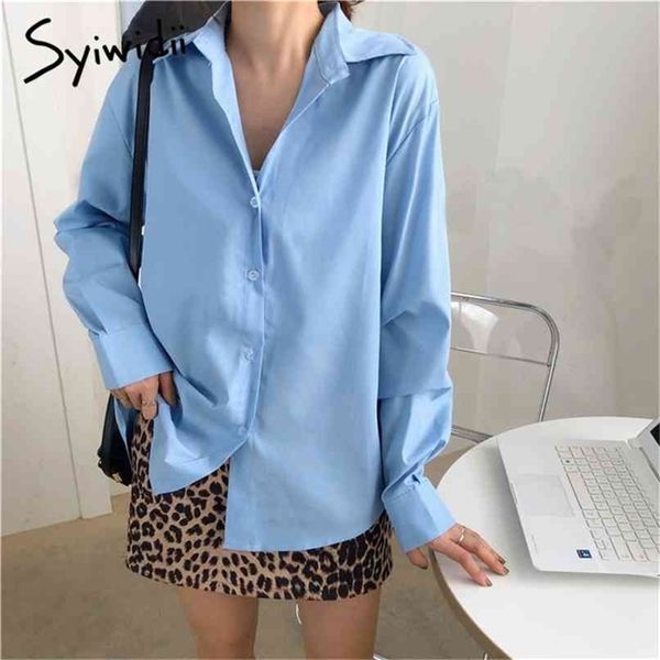 

button up blouses women turn-down collar long sleeve loose solid blue clothes spring korean fashion shirts 210607, White
