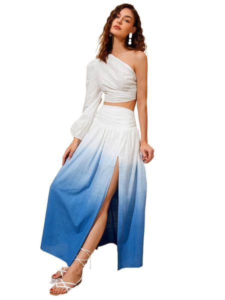 

ombre print one shoulder & split thigh skirt b5qw#, White