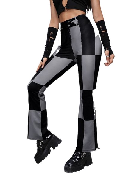 

colorblock high waist lace-up front pants a5tz#, Black;white