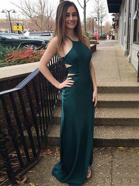 

satin spaghetti straps prom dresses open back formal party sheath natural waist sweep train evening gowns, Black