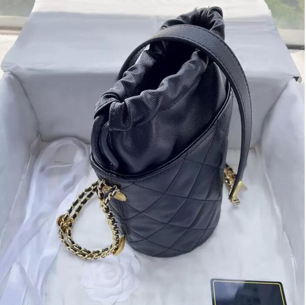 

tz women's golden coins drawstring bags calfskin white black shoulder designer bag gold-tone metal chain hardware diamond quilting hand