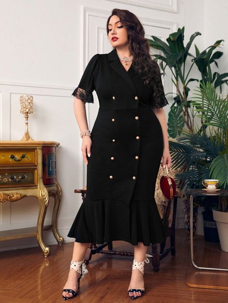 

plus solid double breasted ruffle hem dress z5cc#, Black