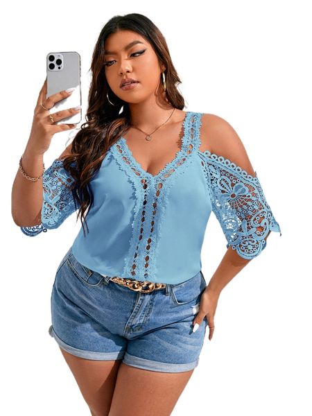 

plus contrast guipure lace cold shoulder blouse j8lh#, Black