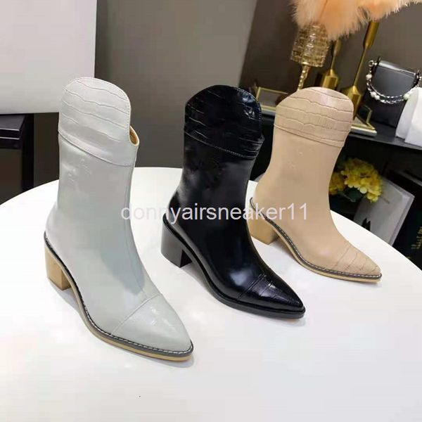 

boots medium boots women's winter british style medium heel thick pointed short western cowboy high-end quality, Black