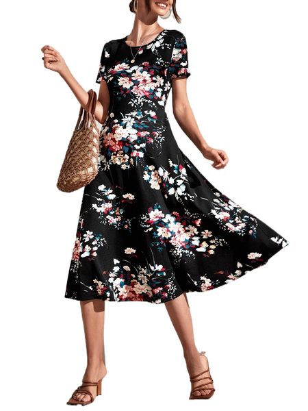 

floral print flared hem dress d7et#, Black;gray