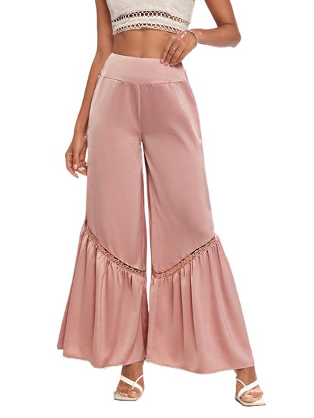 

contrast lace ruffle hem wide leg pants z40z#, Black;white