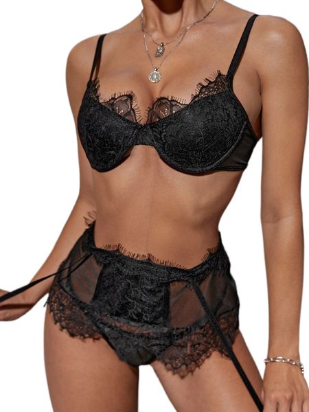 

3pack mesh underwire garter lingerie set h1pr#, Black;red