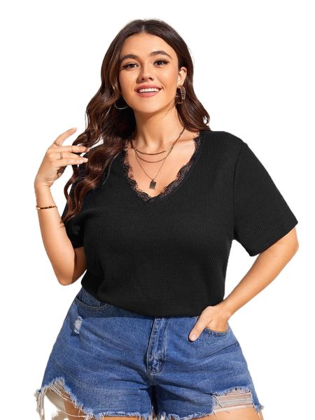 

plus lace trim waffle knit tee 25kg#, Black