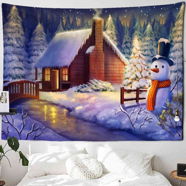 Casa de Natal Tapestry Bela pequena parede de neve pendurada no presente de férias desenho animado da floresta psicodélica Decoração de casa J220804