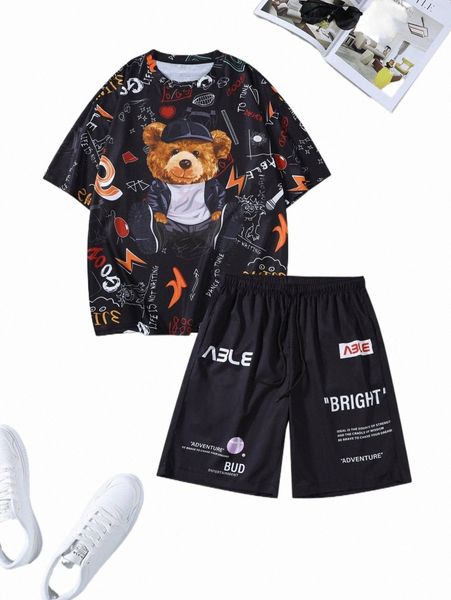 

men random bear & slogan graphic shorts b5ge#, Gray